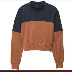Prana Cozy Up Mock Neck Colorblock Terracotta and Dark Blue